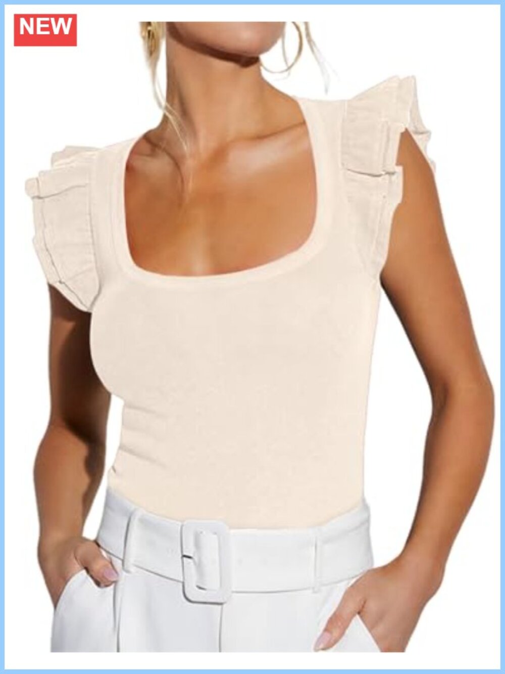 Women's Square Neck Ruffle Sleeve Ribbed Slim Fit Tank Top